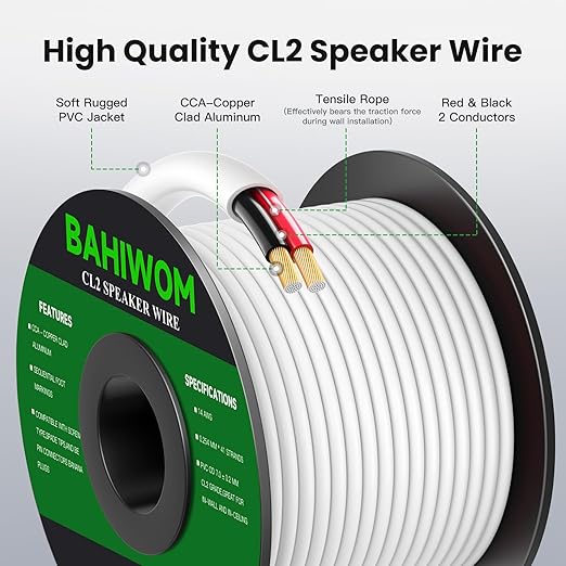 Fire Safety CL2 Speaker Wire in-Wall & in-Ceiling 14 Gauge Wire 30 FT CCA Cord 2 Conductors Red Black Speaker Cable for Indoor Home Theater System,Car Audio Soft White Jacket