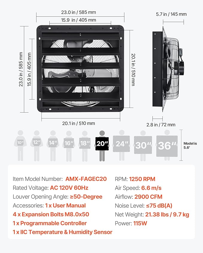 VEVOR 20 inch Shutter Exhaust Fan, Wall Mounted Attic Vent Fan with Smart Programming Variable Speed Temperature Control, 2900 CFM,EC Motor,Timer, for Shed,Garage,Greenhouse Ventilation Cooling,Black