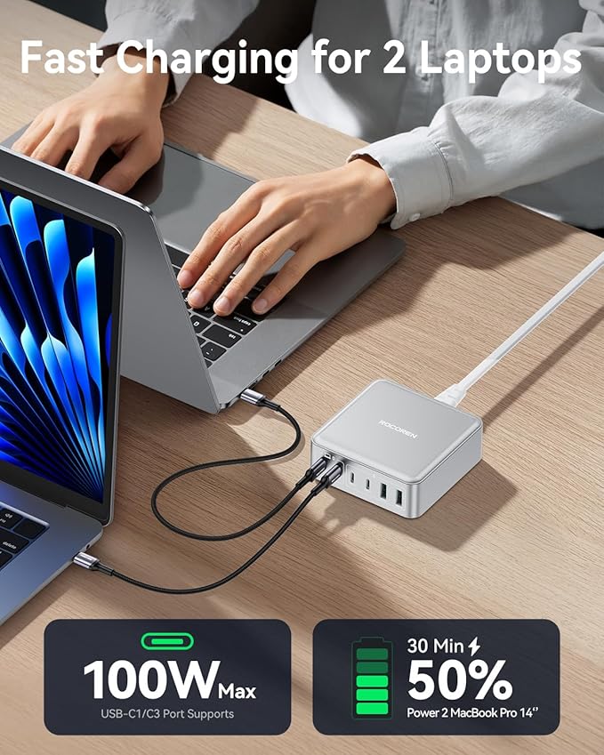 270W USB C Charger Block, Rocoren 6 Port Multi USB-C Charging Station,100W PD Fast USBC Gan Charger Station Hub Dock for Multiple Devices, Laptop Type C for MacBook/iPhone 17/iPad/Galaxy S25 (Sliver)