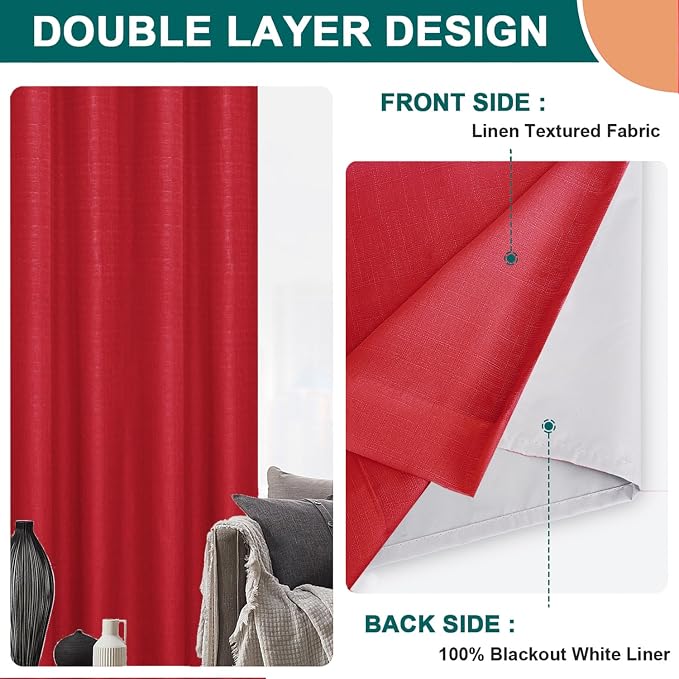 Diraysid 100% Blackout Curtains Red Linen Curtains - Image 5