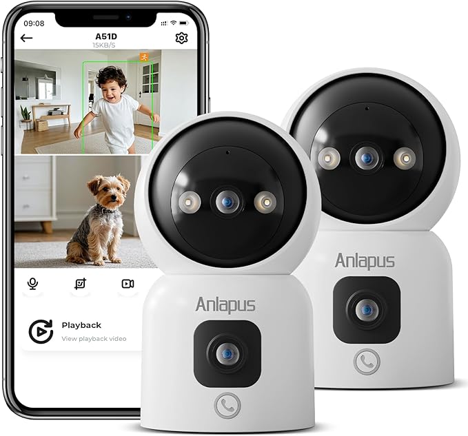 Anlapus 2 x A51D 4MP Dual Lens(2MP+2MP) Indoor Security Camera, Motion Detect, Auto Track, Plug-in, 360° WiFi Pan/Tilt Camera, 2.4GHz WiFi, Two-Way Talk, Light & Siren Alert, Memory Card Not Include