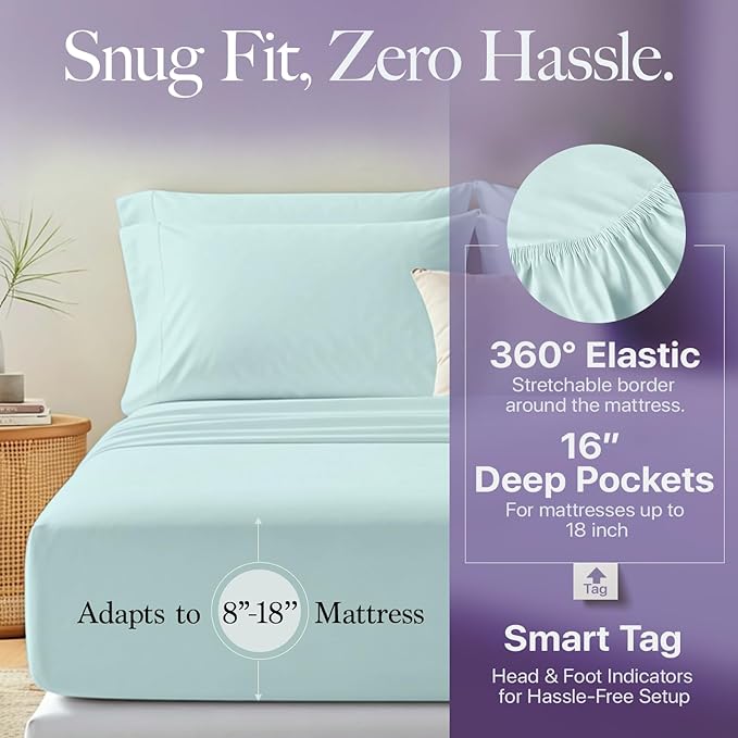 Carressa Linen 100% Egyptian Cotton King Size Sheets Set - 600 Thread Count Egyptian Cotton Queen Sheets King Size (4 PC, Seafoam Green), Soft, Cooling, 16" Deep Pocket Sateen Weave Luxury Bed Sheet