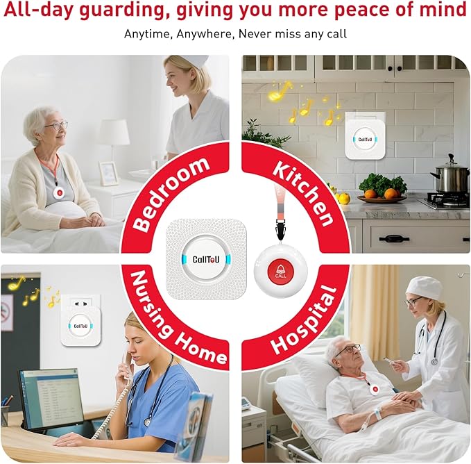 CallToU Caregiver Pager Wireless Call Button Nurse Alert System 500+ Feet for Home/Elderly/Patient/Disabled 1 Plugin Receiver 1 Waterproof Transmitter