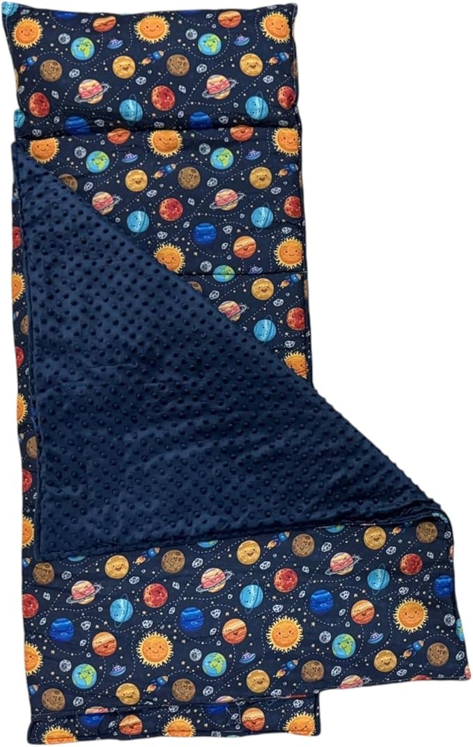 Toddler Nap Mat with Pillow and Blanket, Preschool, Nursery Sleeping Mat, Portable Bed for Kids, Ultra Soft Cotton, Fleece, Minky, Machine Washable, Travel Friendly, Kids Sleeping Bags, Navy Blue.
