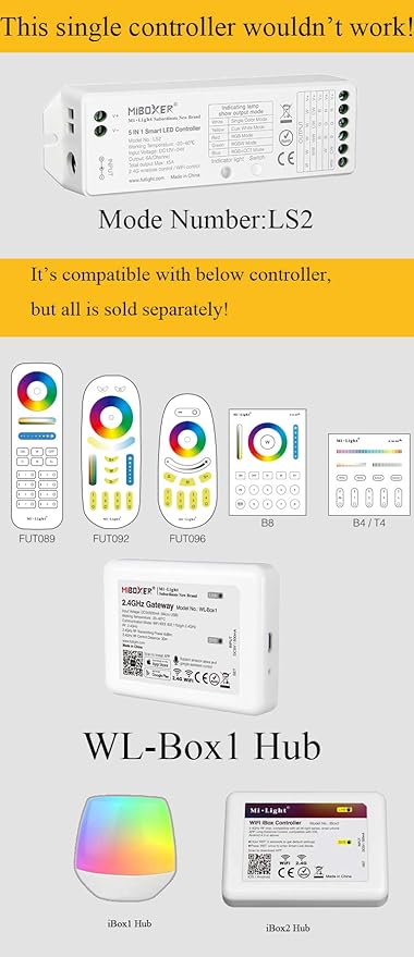 LGIDTECH LS2 LED Strip Lights 5 in 1 Controller,Compatible with Single Color,RGB,RGBW,WW+CW,RGB+CCT LED Strip Lights,Smartphone APP Control via Gateway(Excluded)
