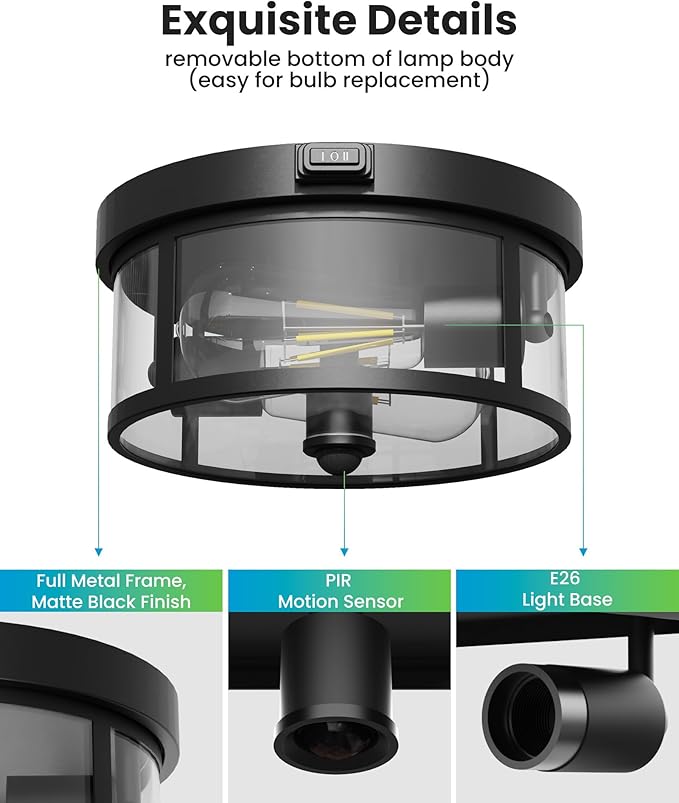 Outdoor Ceiling Light with Motion Sensor 9.3in - Porch Lights Outdoor, E26 Base, Flush Mount, 360° Detection, 3 Modes (Auto/Dusk to Dawn/Always-on), Farmhouse Ceiling Light for Porch, Entryway