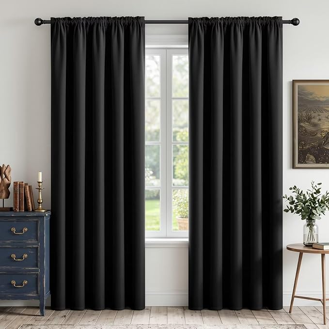 CUCRAF Black Blackout Curtains 96 inch Length 2 Panels Set, Rod Pocket Room by CUCRAF