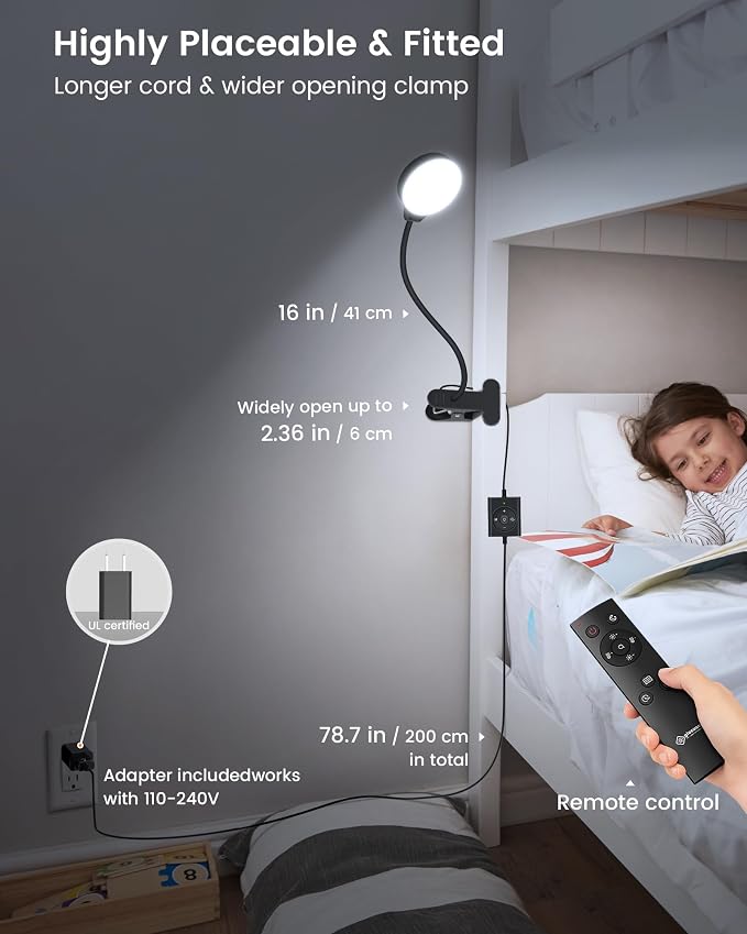 Glocusent 5W Desk Lamp with Remote, 3 Colors & 5 Brightness Reading Lights | - Image 2