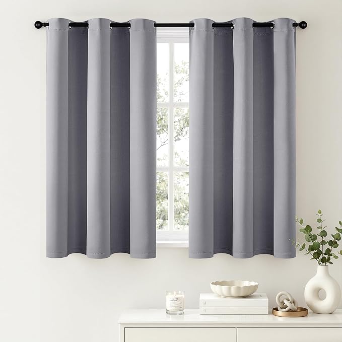 Short Light Grey Blackout Kitchen Curtain W40 x L45 Inch 2 Panels | Thermal by Woaboy