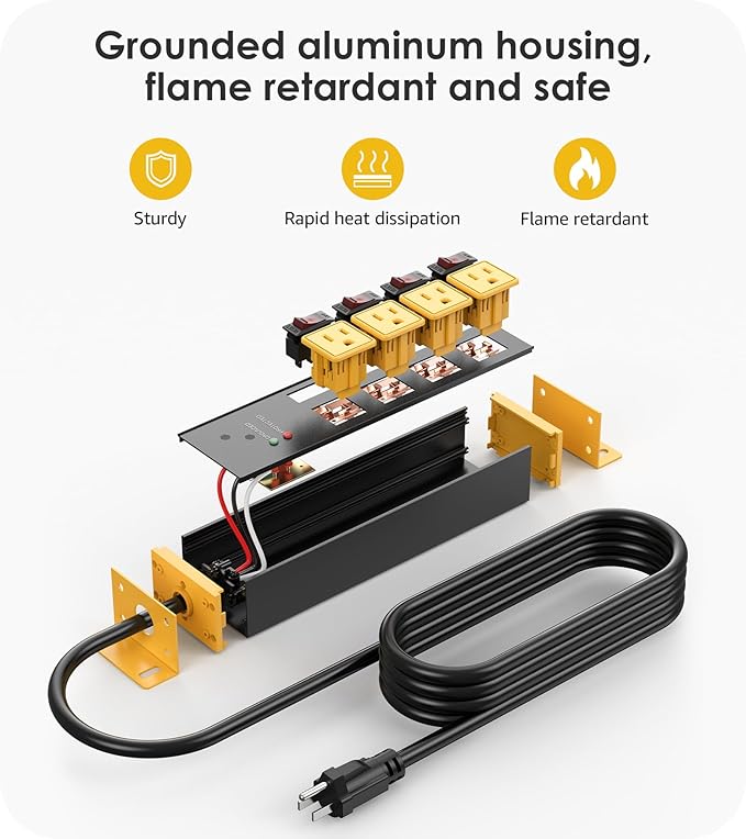 CCCEI 2PCS Heavy Duty Power Strip Surge Protector 20 AMP Individual Switches. 12 Gauge Extension Cord with Multiple Outlets. Garage, Shop, Industrial Wall Mount Electric Extender. 15FT, Yellow.