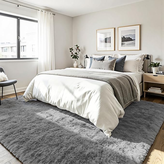 5x8 Fluffy Area Rug for Living Room: Non-Slip Light Grey Bedroom Carpet | Ultra - Image 3
