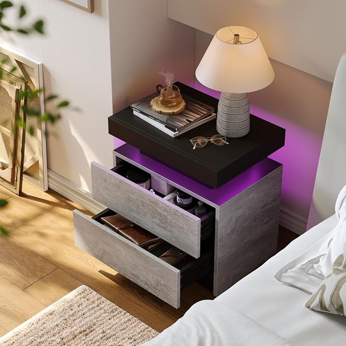 Modern Gray LED Nightstand for Bedroom Bedside Table - Image 3