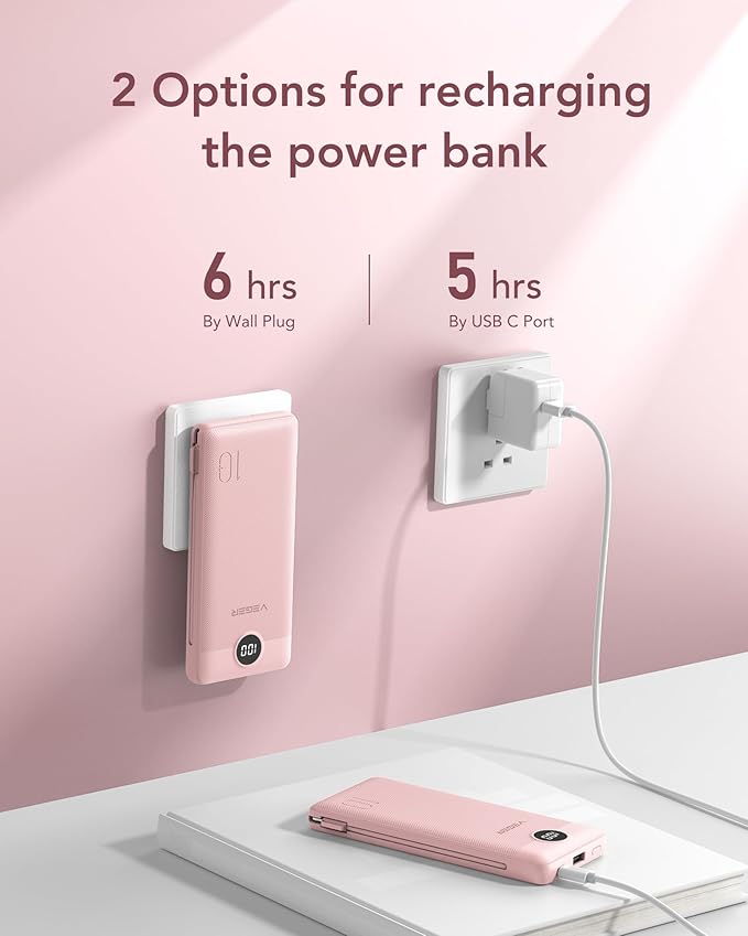 VEGER Portable Charger with Built-in AC Plug and Cables, All in One 10000mAh Ultra Slim Power Bank Travel Essentials, 15W Fast Charging Battery Pack Compatible with iPhone, Samsung, Android (Crepe)