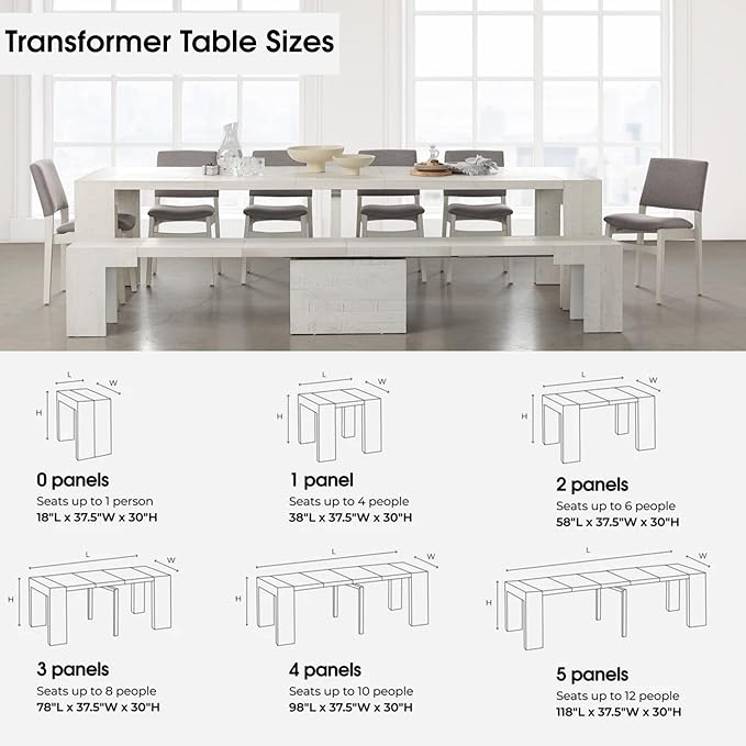 Transformer Table - Solid Wood Extendable Dining Table, Seats 2-12, Extendable Dining Room Table, Space-Saving Furniture, Expandable Dining Furniture (White, Table + 2 Benches)