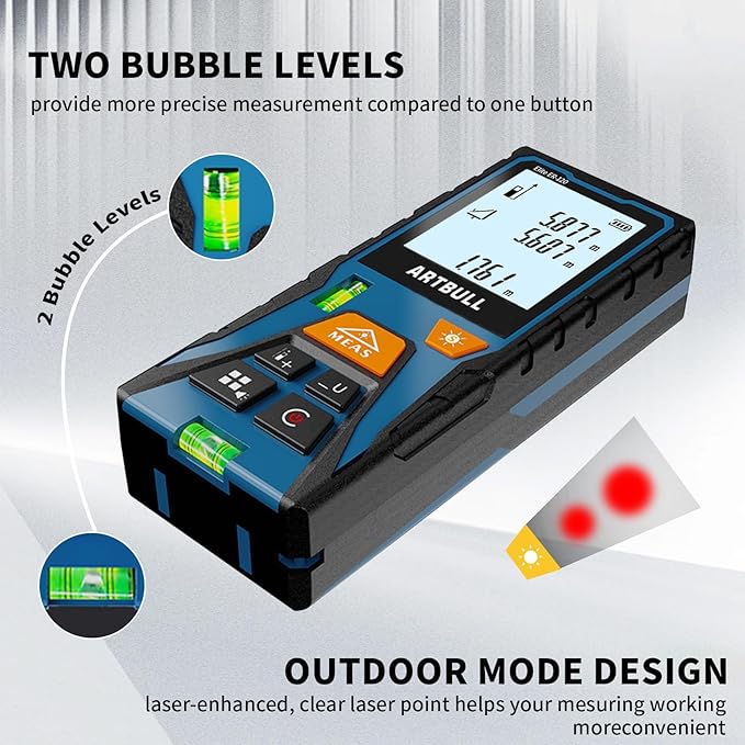 Laser Distance Meter 393ft – Digital Laser Measuring Tool with LCD Backlit Display, Area Volume Pythagorean, ±2mm Accuracy, Class II, Electronic Tape Measure for DIY Construction – AAA Battery Powered
