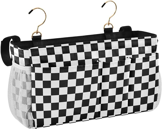 Black White Checkerboard Print Bedside Caddy Storage Bag Bedside Organizer by KOPIRIT