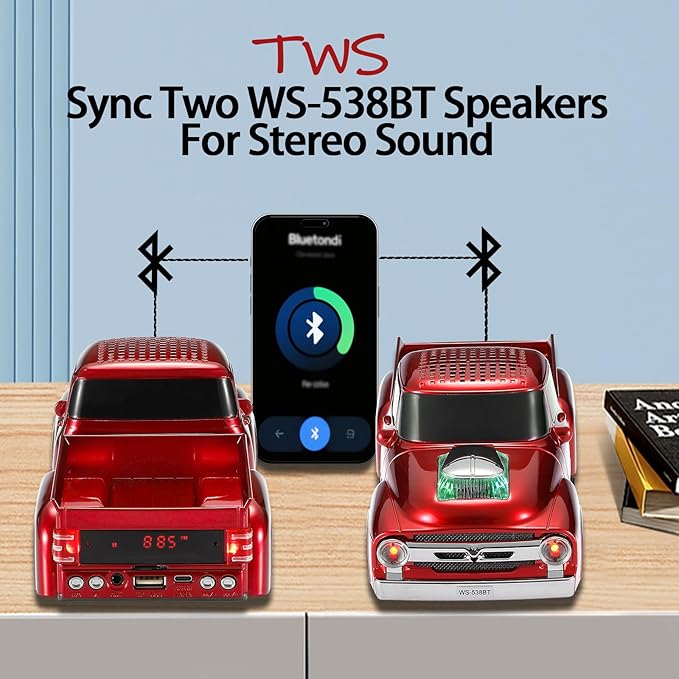 WSTER WS-538 Retro Pickup Truck Bluetooth Replica Speaker – Portable Wireless Car Model Speaker with FM, TWS, LED Party Lights, USB/TF Playback, Built-in Microphone, Type-C, Surprise Gift(Red)