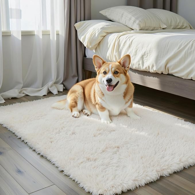 Small Shag Area Rug for Bedroom, 2x3 Cream Soft Plush Carpet | Non-Slip Floor by Junhejiamei