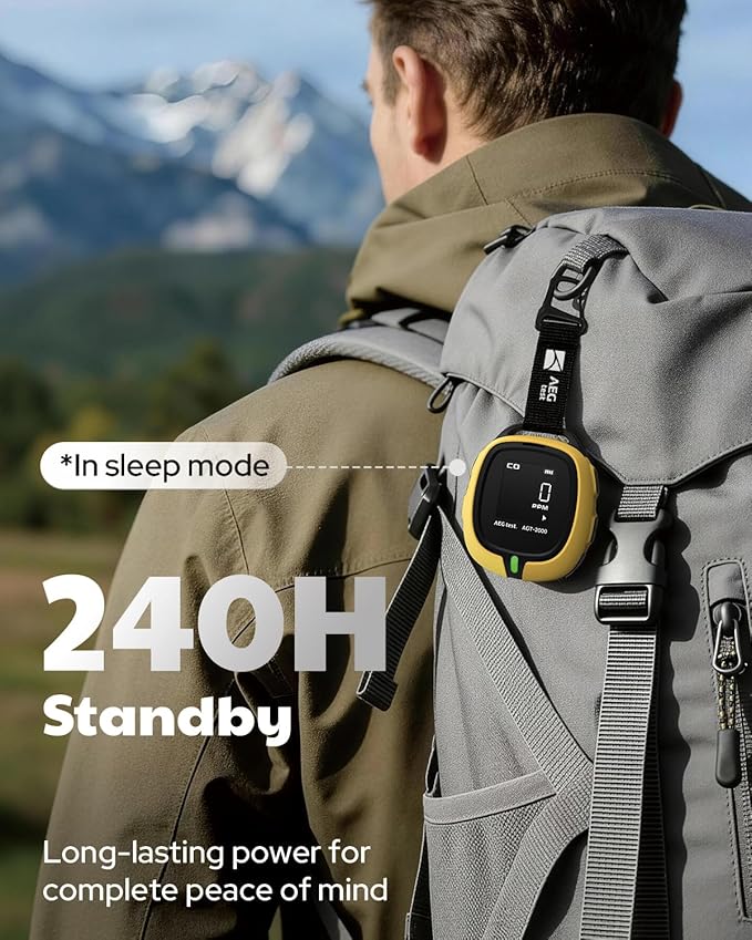 AEGTEST AGT-2000 Portable Carbon Monoxide Detector for Travel, 240H Standby, CO Detector with Audible & Visual Alerts for Camping, Rechargeable CO Meter with Built-in Emergency Flashlight