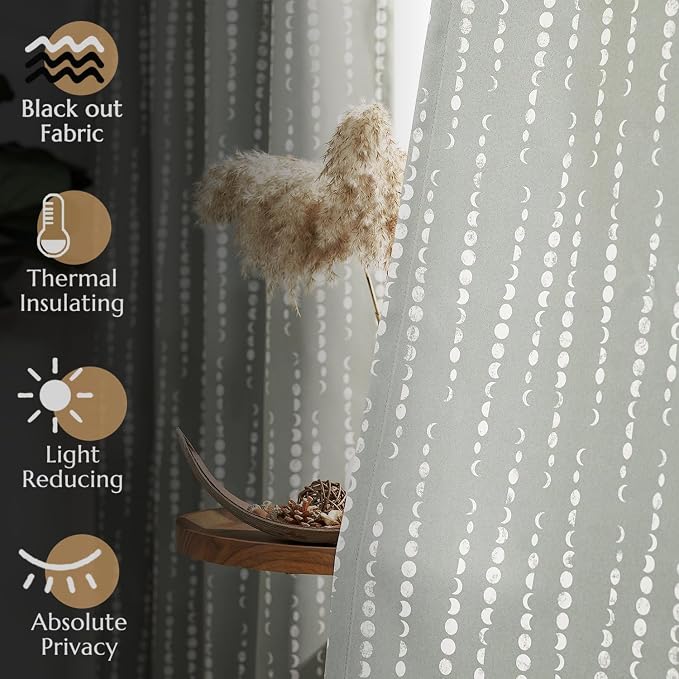 jinchan Boho Blackout Curtains 84 Inches Long Moon Phase Printed Drapes | Grey - Image 6