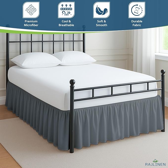 Rajlinen Ruffled Bed Skirt Queen, 16 Inch Drop Dust Ruffle with Split Corners, 100% Microfiber Bedskirt with Platform, Three-Sided Coverage Ruffled Gathering Design, Dark Grey