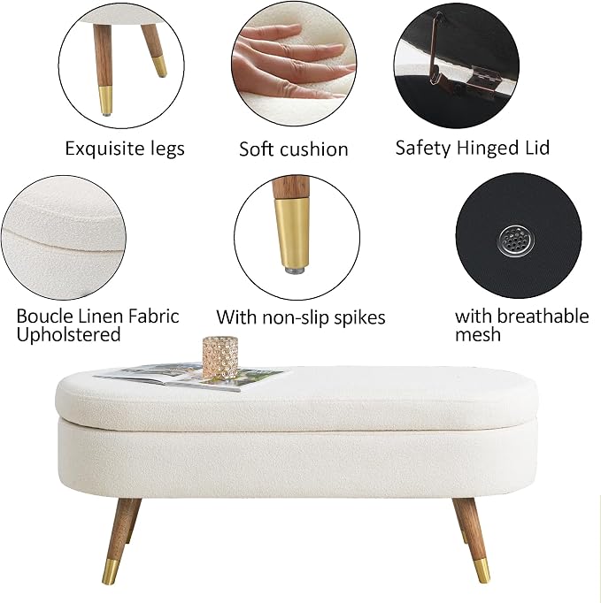 IAFIKE Oval Storage Bench 43.5" Ottoman Bench Upholstered Boucle Fabric - Image 4