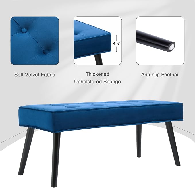 LOULENS Entryway Bench, Dark Blue | Wood Legs, Button Tufted, Upholstered Bench - Image 5