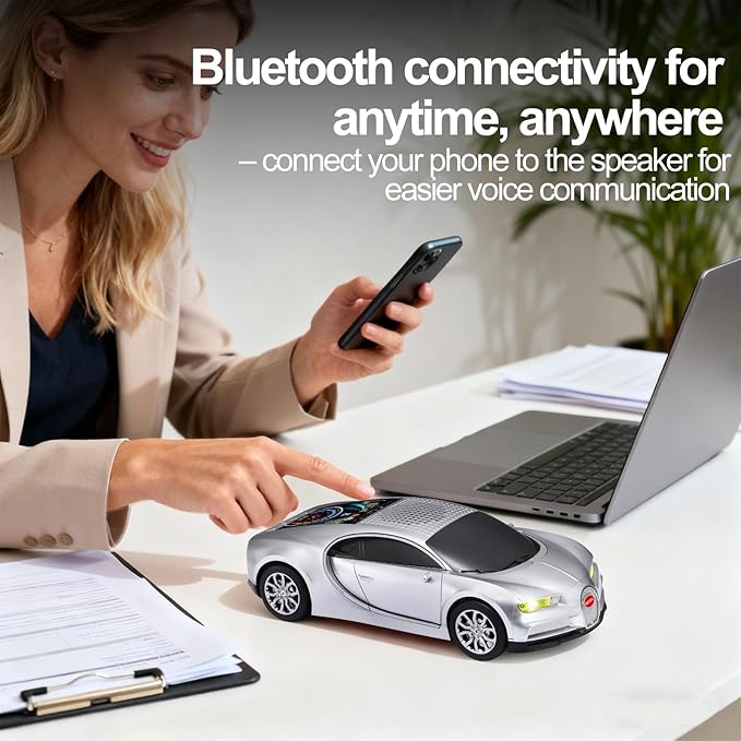 WSTER Luxury Sports Car Model Bluetooth Speaker with HD Sound, TWS Stereo Pairing, Display Screen, Built-in Microphone, Unique Bluetooth Car Speaker for Home, Party, Outdoor & Beach (Silver)