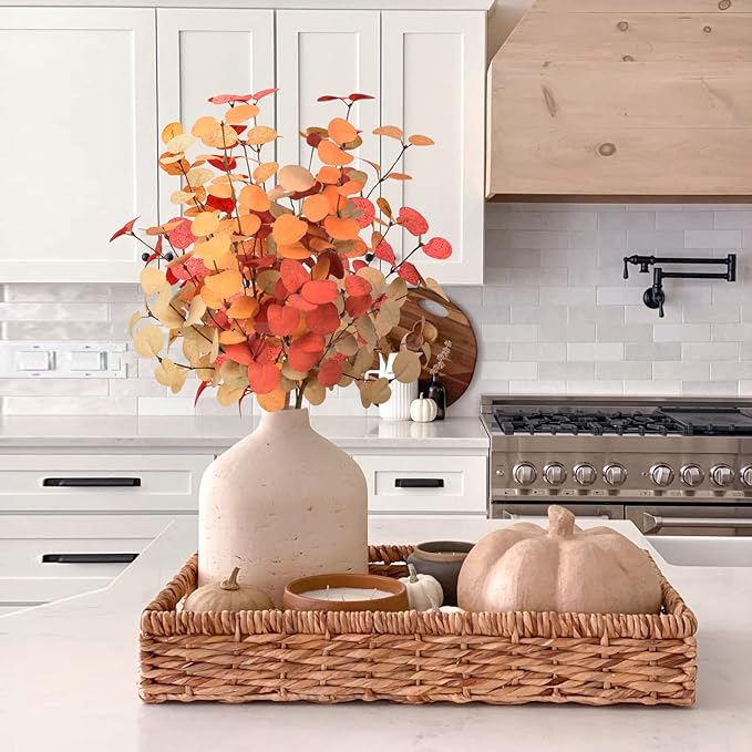 Beferr Fall Eucalyptus Stems Decor, 5Pcs 24" Faux Eucalyptus Branches Artificial Autumn Plants Decorations Fall Floral Arrangements Farmhouse Home Table Centerpiece