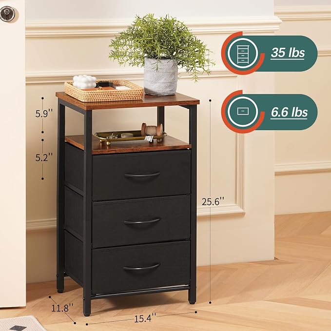 Yoobure Night Stand with Charging Station, 3 Fabric Drawers Nightstand - Image 3
