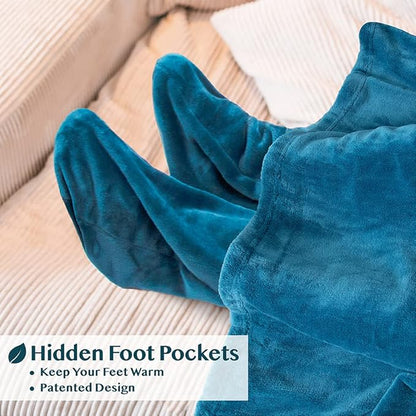 PAVILIA Fleece Blanket with Sleeves, Foot Pockets for Women Men Adults, Plush Wearable Blanket Throw Wrap, Warm Snuggle Blanket Robe, Cozy Gift Ideas Wife Mom Teal Blue