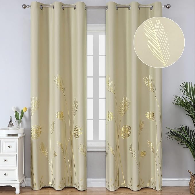 Elegant Natural Palm Leaf and Wheat Blackout Curtains Sunlight Blocking Noise by ESTELARTEXTILER