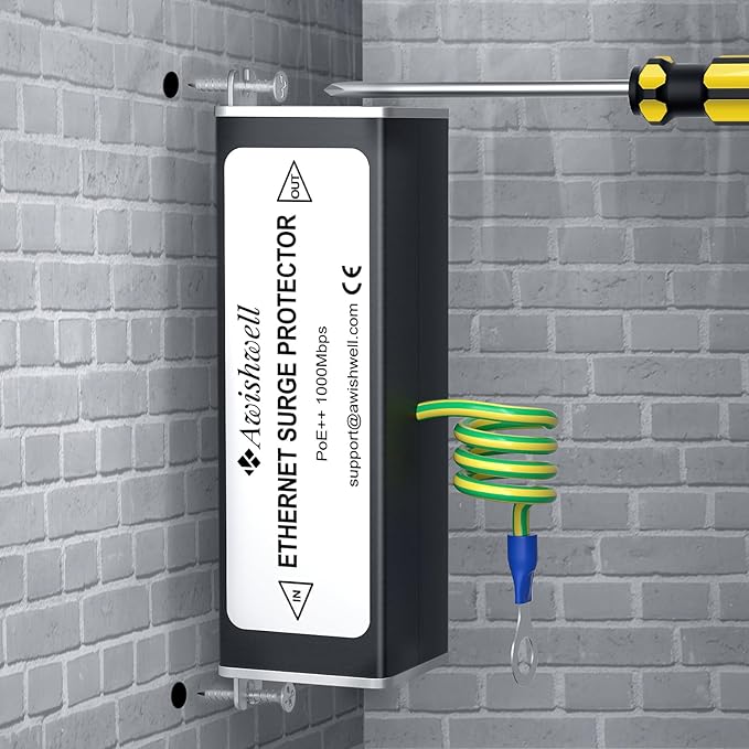 Awishwell Ethernet Surge Protector Gigabit 2 Pack, 20KA PoE++ RJ45 Surge Protector, Ethernet Lightning Arrestor 1000Mbps LAN Network CAT5/CAT6 Thunder Arrestor-Mounting Flange