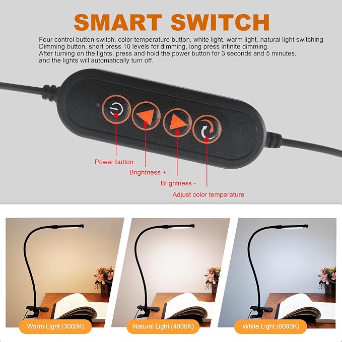 24 LED Clip Light 3 Color Dimmable Clip Desk Lamp Black | Metal Gooseneck | - Image 3