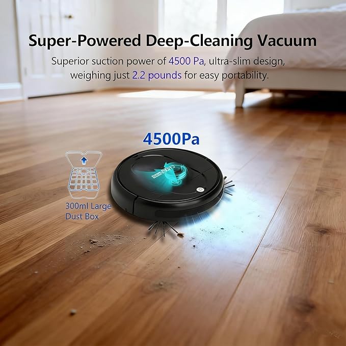 3-in-1 Robot Vacuum and Mop | 4500Pa Strong Suction, Anti-Tangle, 120 Mins Runtime, Ultra-Thin, Low Noise, Smart Navigation, Multiple Cleaning Modes, Ideal for Pet Hair and Hard Floors (Black)