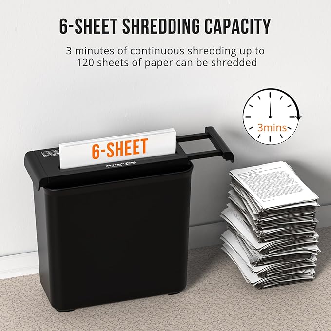 Suntiko Small Paper Shredder for Home, 6 Sheet Strip Cut Paper Shredder Without Basket,Portable Shredder Extendable Arm Design with Overheat Protection for Home Office