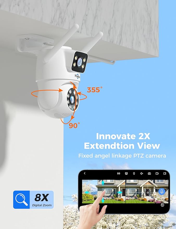 Hiseeu WiFi Security Camera Dual Lens 5G/2.4G WiFi PTZ Camera Outdoor,Power Cord,IP65 Waterproof Motion Tracking,Color Night Version, No-Monthly Fees