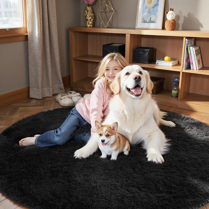 Black Round Shag Area Rug for Bedroom, Washable Fuzzy Carpet for Room Boys by Junhejiamei