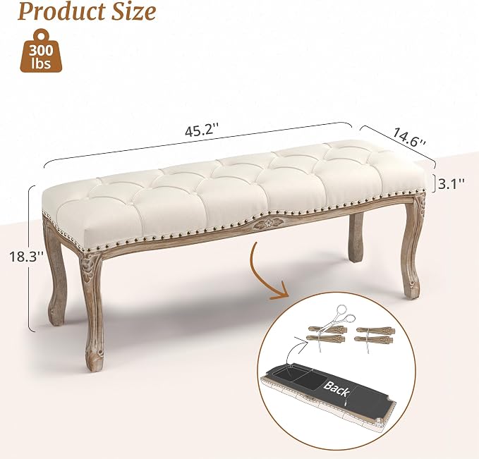 Bedroom Bench, French Vintage Tufted Entryway Bench, 45.2" Carving Upholstered - Image 3