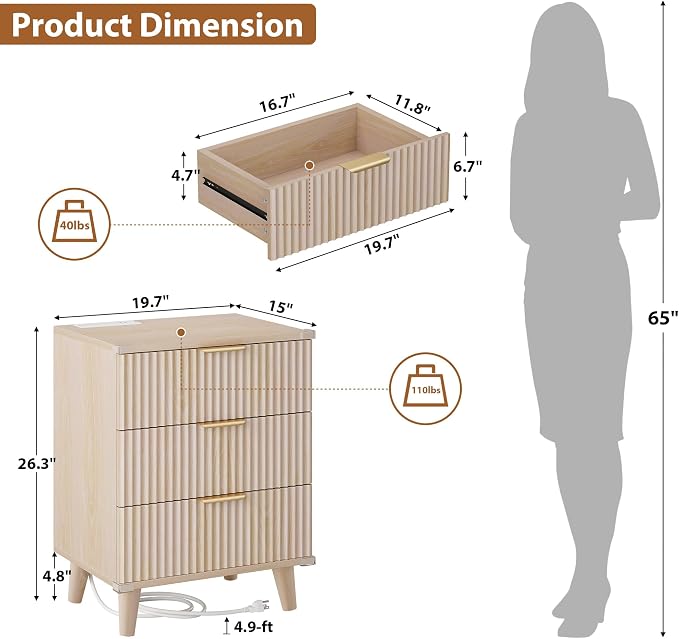 Wood Nightstands Set of 2 w/Charging Station, 3 Drawers Fluted Dresser | Natural - Image 3