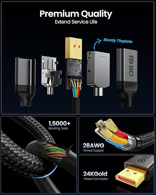 Silkland 80Gbps DisplayPort 2.1 Cable 5FT [VESA Certified], [8K@240Hz, 4K@540Hz 360Hz 240Hz] DP 2.1 Cable, HDR HDCP DSC 1.2a Display Port Cord Compatible FreeSync G-Sync Gaming Monitor 4090 7900XTX