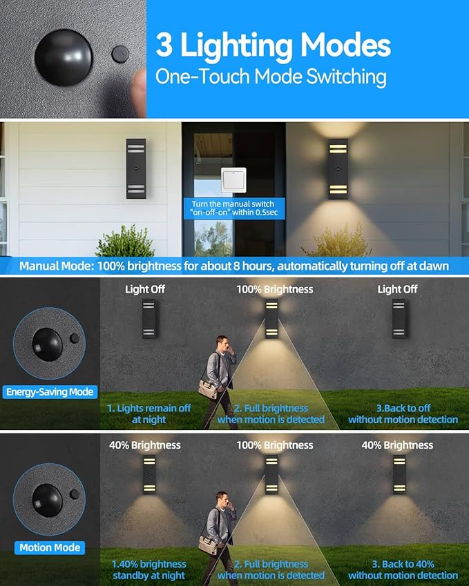 Zinola Motion Sensor Outdoor Lights 2 Pack, Modern Outdoor Wall Lights Black Exterior Lighting Fixtures, Square Motion Detector Lights for Outside, Waterproof Sconce for House Porch, Bulbs Included