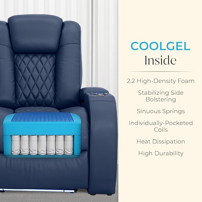 Seatcraft Diamante Zero-Gravity CoolZero Italian Leather Home Theater Seating, Power Headrest, Power Recline, Row of 4 Left Loveseat, Navy Blue