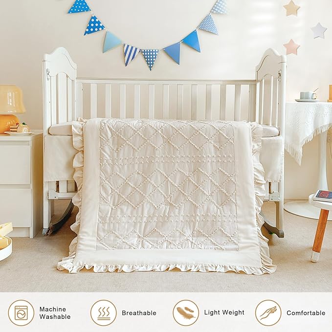 Wowelife Crib Bedding Set for Girls, 3PCs Boho Crib Comforter Set Beige, Ruffle Baby Crib Bedding Set Nursery Bedding Sets for Girls and Boys, Include Quilted Comforter, Crib Skirt and Sheet, Beige