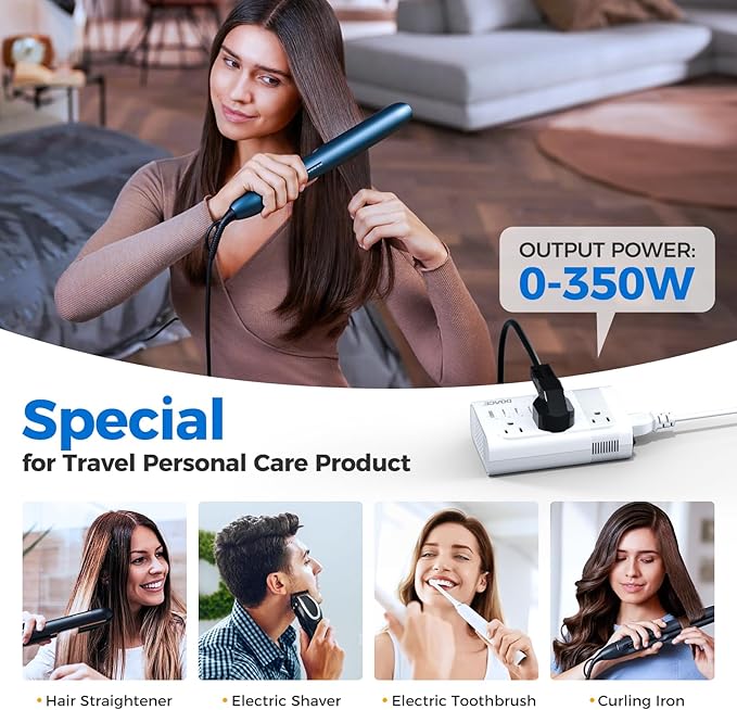 DOACE 220V to 110V Converter for European Travel - 350W 7 in 1 Voltage Converter US to Europe with 3AC, 2QC+2PD for Using U.S. Devices Abroad - Hair Straightener Shaver Toothbrush Laptop Camera Phone