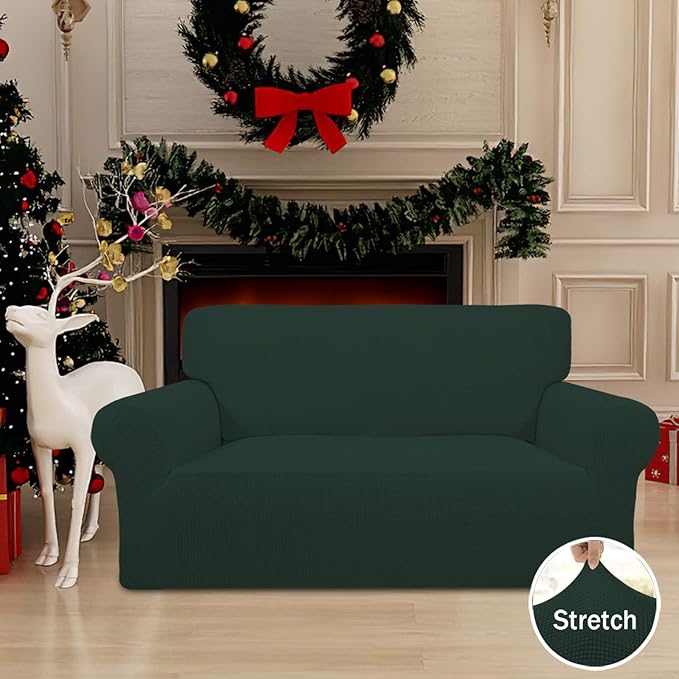 Easy-Going Stretch Loveseat Slipcover 1-Piece Sofa Cover Furniture Protector Couch Soft with Elastic Bottom for Kids Polyester Spandex Jacquard Fabric Small Checks (Loveseat, Dark Green)