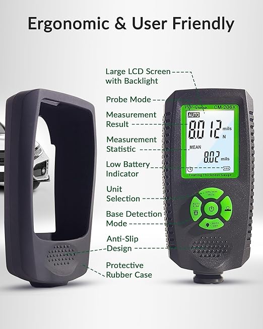 VVV-Group Paint Thickness Gauge CM-206X | Coating Thickness Meter Fe/Al/Zn | Auto Paint Depth Gauge Car Tester with High-Precision Probe, Multi-Unit Display & Auto Calibration