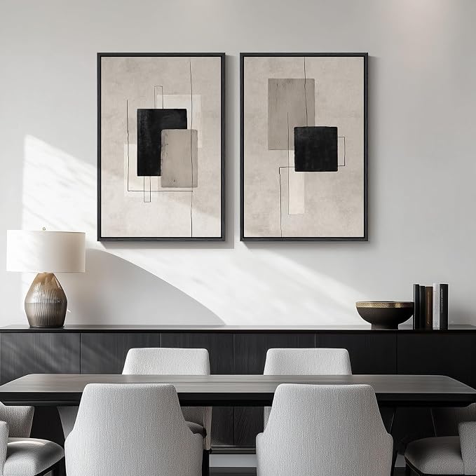 Framed Neutral Black Beige Abstract Wall Art Set of 2, Modern Minimalist Canvas - Image 4