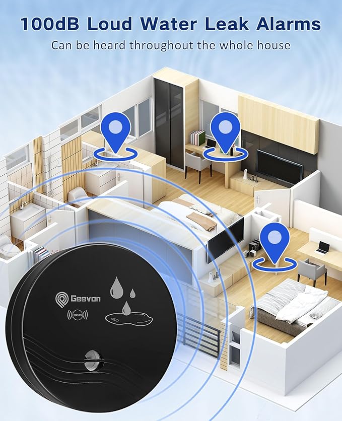 Geevon 4 Pack Water Leak Detectors, 100dB Water Sensor Alarms Flood Detector for Basements, Bathrooms, Laundry Rooms, Kitchens, Garages, and Attics, Water Alarms Battery-Operated (Battery Included)