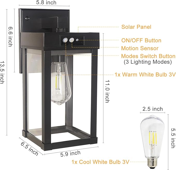 CYHKEE 2 Pack Solar Wall Lights Outdoor Waterproof with 3 Lighting Modes & Motion Sensor, Dusk to Dawn Exterior Porch Light fixtures, Solar Wall Lantern Fixture for Garage Porch Yard Front Door